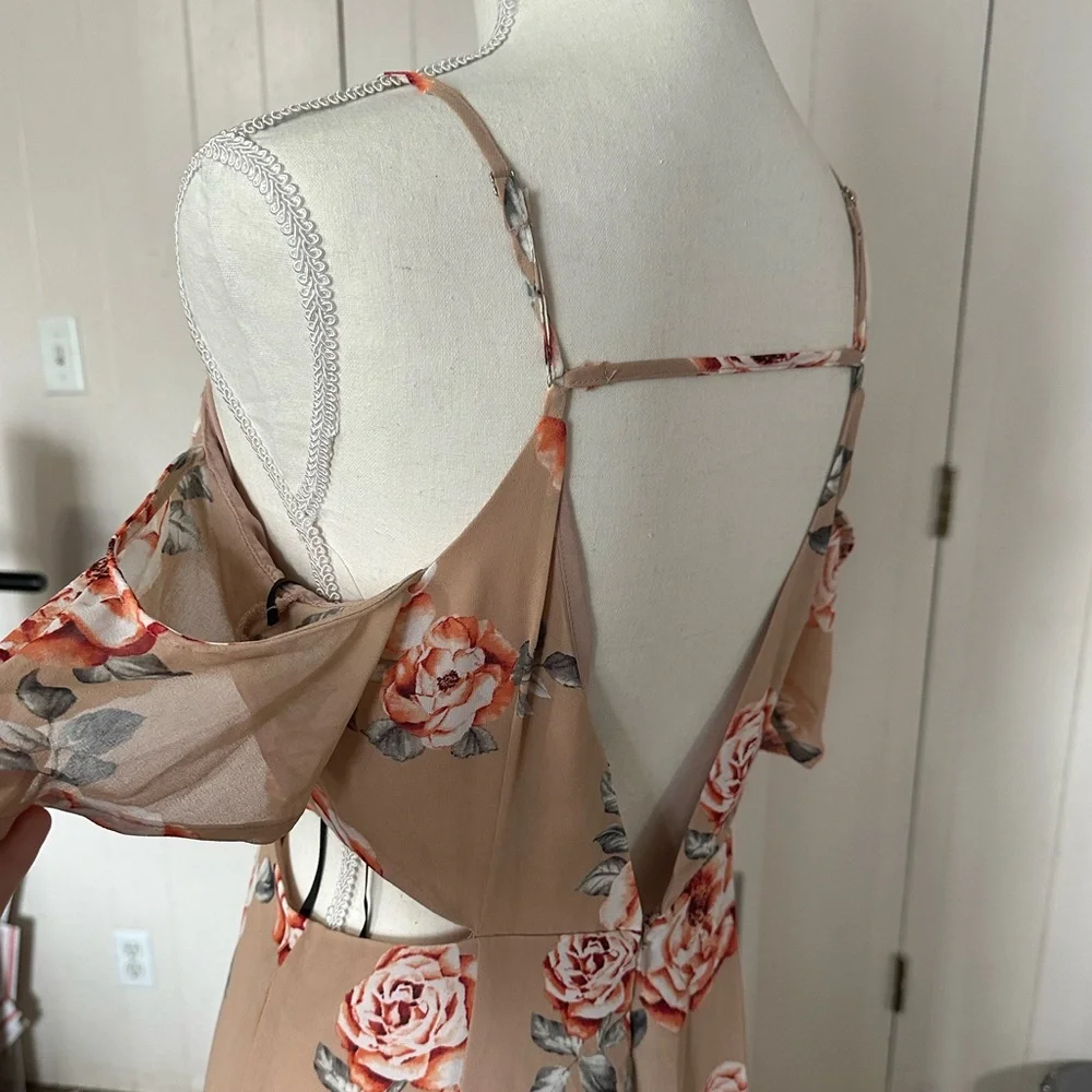 Forever 21 Floral Nude Maxi Neutral Slit Dress Long Cut Out Ruffle Off Shoulder - Picture 7 of 9